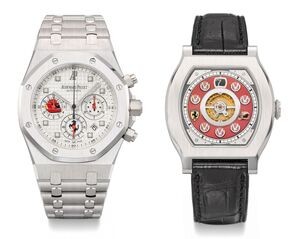 Michael Schumachers Uhren: Ein Audemars Piguet Royal Oak-Chronograph (l) und die Journe Vagabondage 1 Model-Uhr., © -/Christie's/dpa